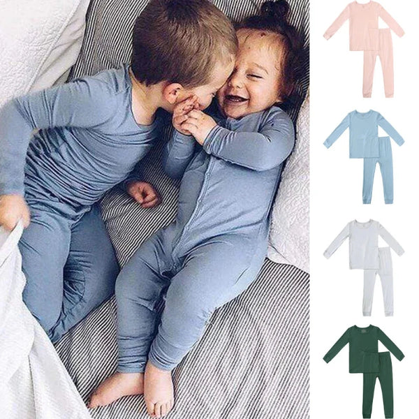 2024 New Arrivals Bamboo Fiber Toddler Baby Children's Pajamas Sets Suit For Girls Solid Long Sleeve Top+Pants Boys Sleepwear Wol Bos