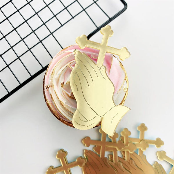 Miroir or acrylique croix Cupcake Topper décorations de gâteau de baptême pour bébé douche première sainte Communion fête fournitures WolBos